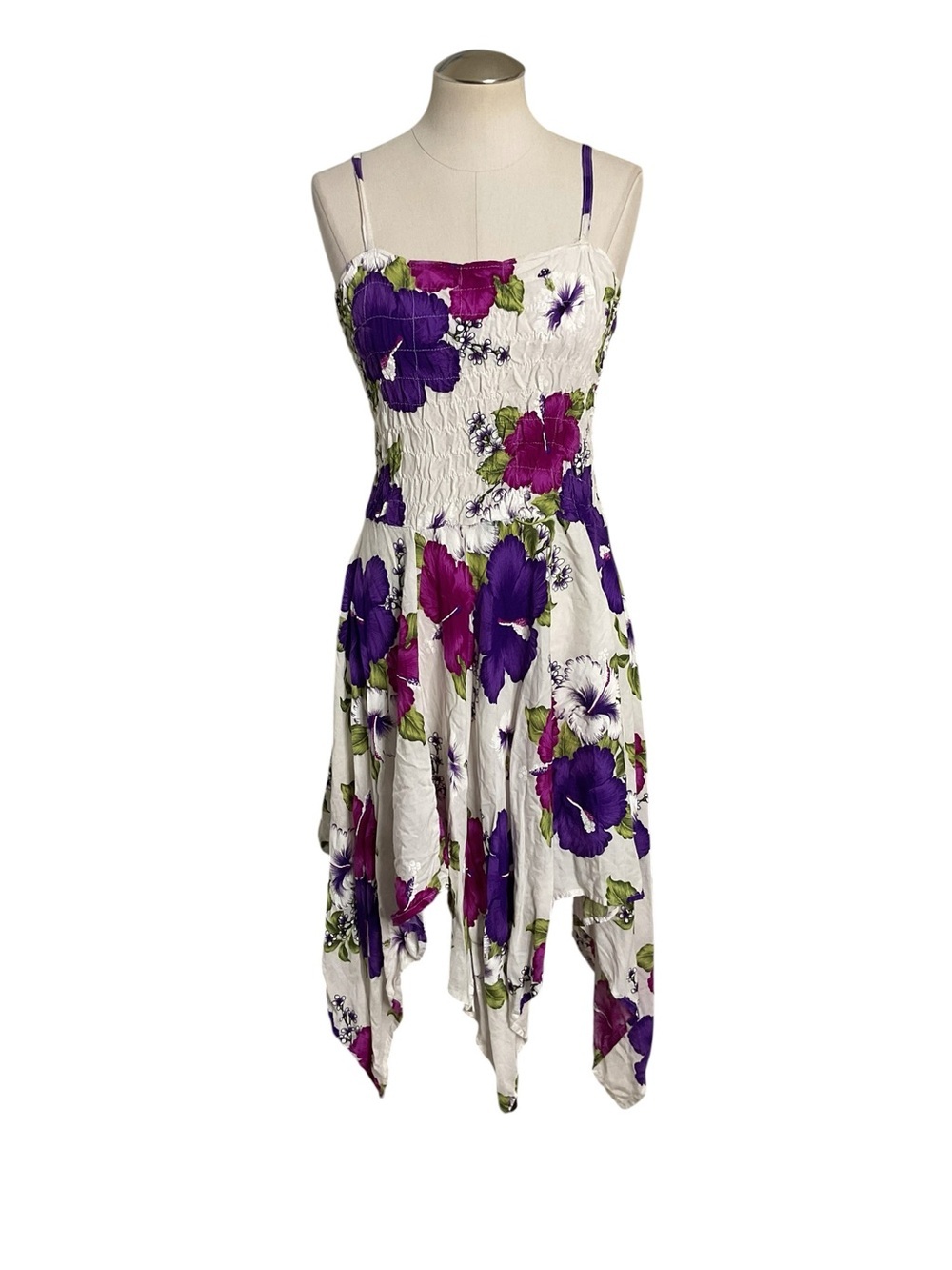 Handkerchief Hem Floral Rayon Sundress White Purple Pink Spaghetti Strap Dress
